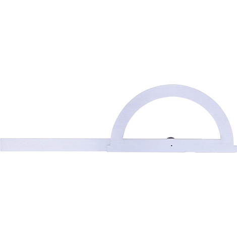 Weißes Winkelmesser-Werkzeug. Der Winkel ist 180 Grad und mit einer Skala versehen.